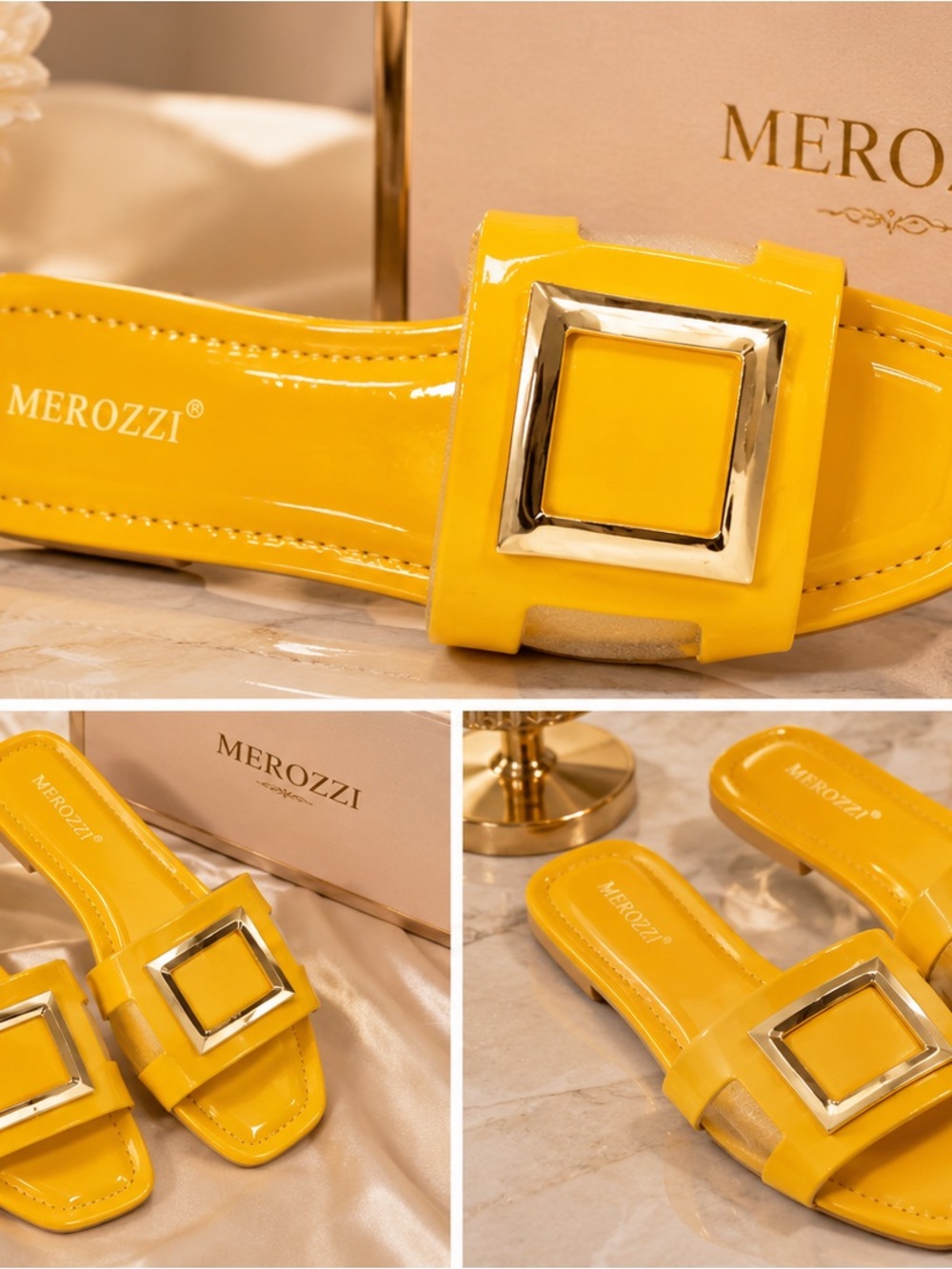 Merozzi Yellow Patent Slide Sandals with Gold Buckle
